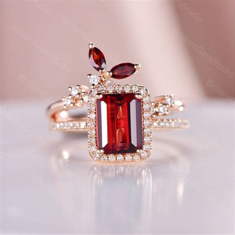 Garnet Engagement Ring Set Etsy