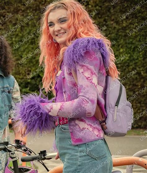 Sex Education S Anthony Lexa Purple Faux Fur Trim Cardigan