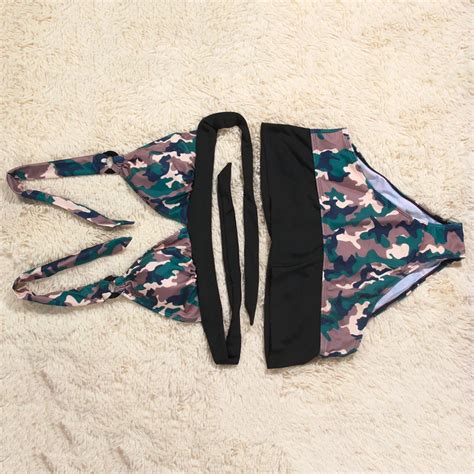 HW New Top Quality Sexy Camouflage Print Halter Bikini Beach Patchwork Push Up Bathing Suits