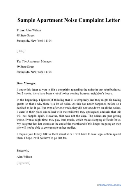 Sample Apartment Noise Complaint Letter Download Printable Pdf