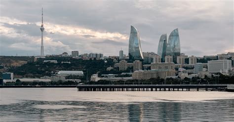 baku skyline featuring iconic flame towers  stock photo
