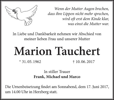 Traueranzeigen Von Marion Tauchert M Rkische Onlinezeitung Trauerportal