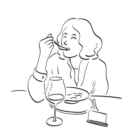 closeup woman eating food in restaurant illustration vector hand drawn