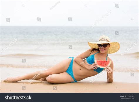 Girl Bikini Watermelon On Beach Stock Photo Shutterstock