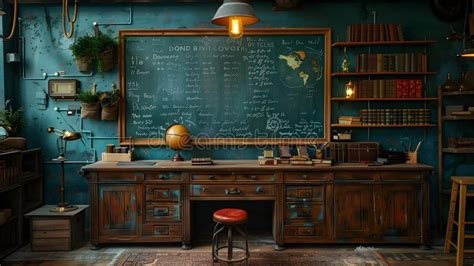 Vintage Study Room With Wooden Desk And Bookshelves Illustration Stock
