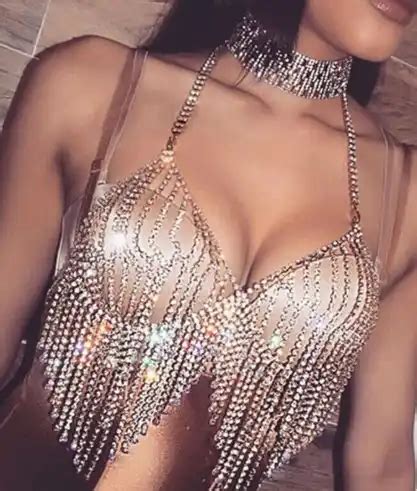 E New Shiny Crystal Rhinestone Tassel Sexy Bra Lingerie Jewelry Women Transparent Bikini