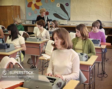 1960s ALL GIRL HIGH SCHOOL TYPING CLASS TYPEWRITERS DESKS TYPING