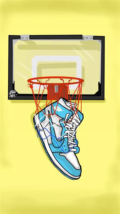 Download Cartoon Jordan Shoes On A Basketball Hoop Wallpaper