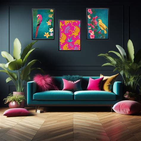 Tropical Maximalist Teal Hot Pink Print Set Vibrant Tropical Bird And Leopard Wall Art Set Of