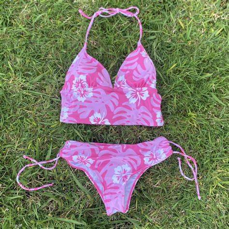 Vintage Pink Hibiscus Floral Tanking Bikini Depop
