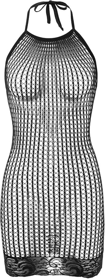 Chictry Womens Lingerie Netted Sheer Stretchy Bodystockings Haltered Bodycon Mini Dress