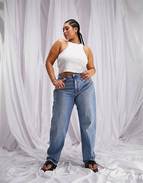 Asos Design Curve High Waist Slouchy Mom Jeans In Stonewash Asos