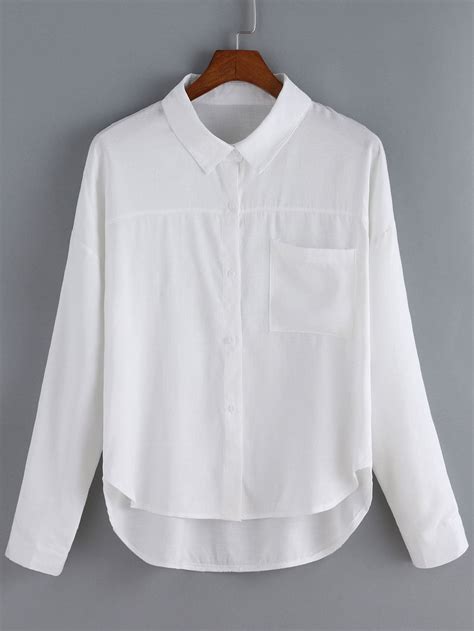 White Lapel Pocket Dip Hem Blouse Shein Sheinside