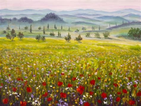 Oil Painting Poppy Field Painting Italian Landscape Red Poppies Artwork