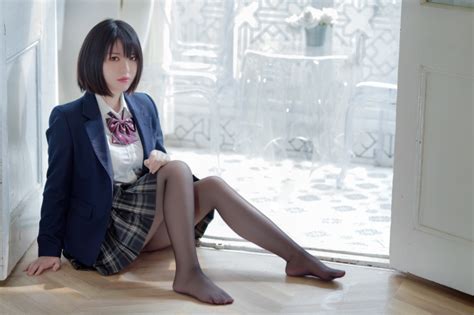 K Asian Uniform Brunette Girl Sitting Schoolgirls Suit Jacket