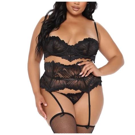 Dames Sexy Lingerie Dentelle Perspective Tentation Plume Ensemble 3 Pièces l29652 Noir