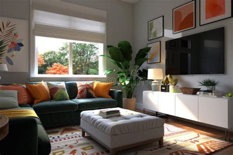 Bohemian Oasis Modern Living Room With Green And Orange Accents Stock