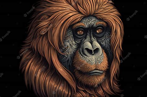 Orangután De Sumatra Estilo Art Nouveau Dibujado A Mano Artístico