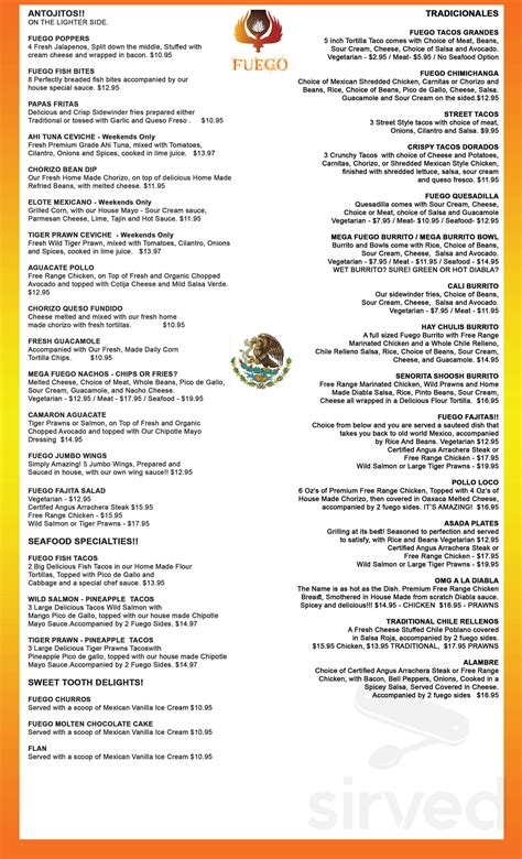 Fuego Tequila Grill Menu In Walnut Creek California Usa