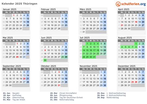 Kalender 2025 + Ferien Thüringen, Feiertage