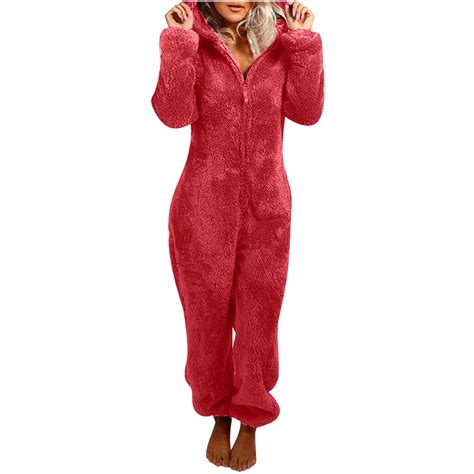 jsaierl Womens One-Piece Pajama Fashion Zip Up Hooded Fleece Onesie