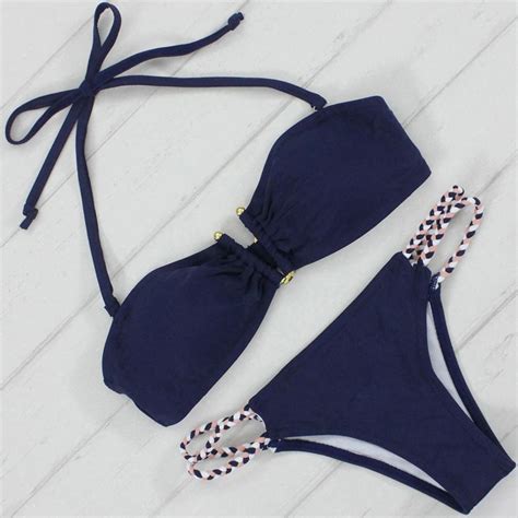 Sexy Women Halter Deep V Push Up Bikini Tops With Brazilian Handmade Weave Strap Swimsuit Bottom