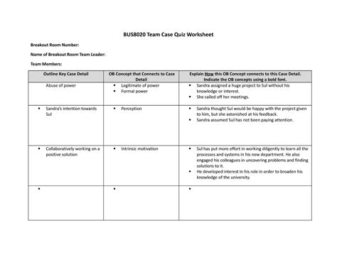 Team Mini Case Worksheet Bus8020 Team Case Quiz Worksheet Breakout