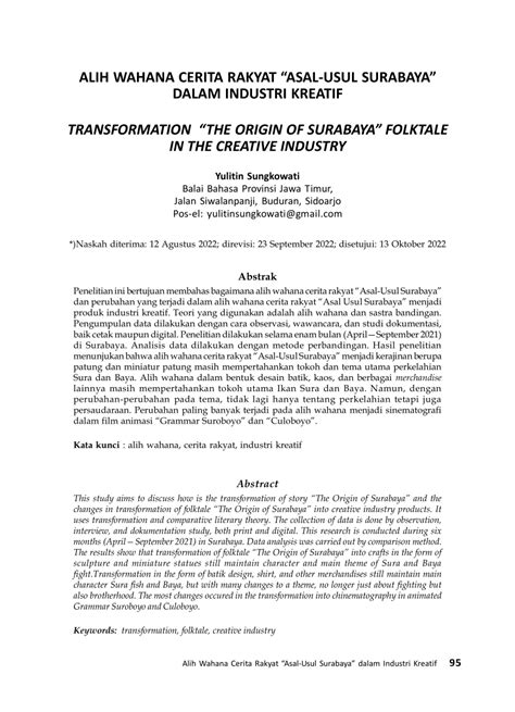 Pdf Alih Wahana Cerita Rakyat Asal Usul Surabaya Dalam Industri Kreatif