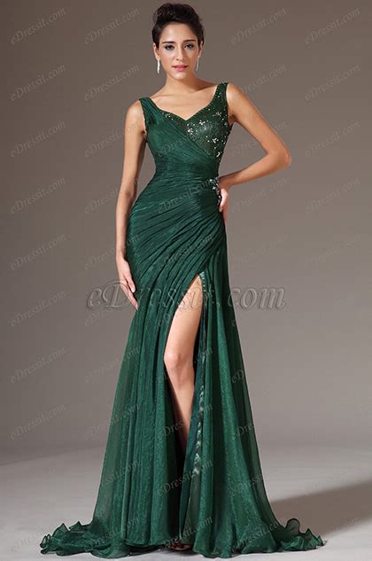 Green V Neck High Slit Evening Gown 00145704 Edressit