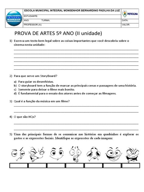 Prova De Arte Para O 5 Ano - Prova de Artes: Cinema e HQs 5º Ano | PDF