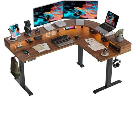 Fezibo Triple Motor L Shaped Stadning Desk With Led Strip Power