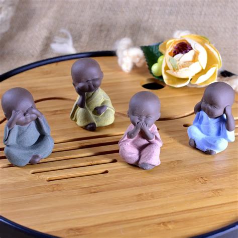 4pcsset Purple Clay Cute Buddha Statue Figurine Creative Mini Home