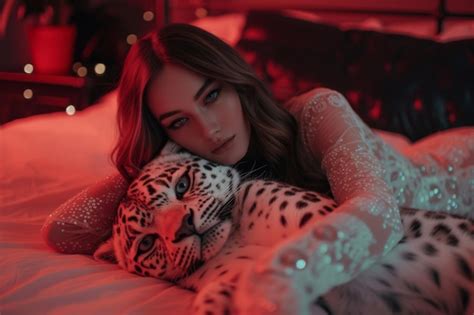 A Female With Long Brunette Hair She Is Lying On A Bed And A White Leopard Is Next To Her Dark