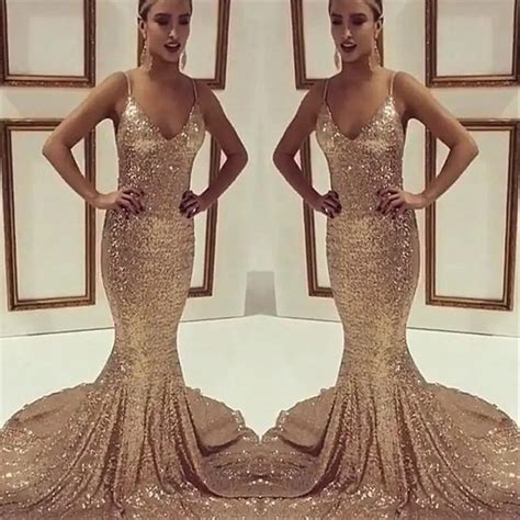 Sparkling Sequined Rose Gold Evening Dress Spaghetti Strap