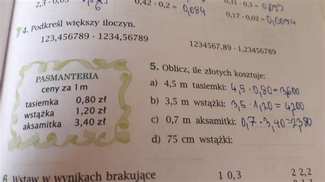 Oblicz ile złotych kosztuje 75 cm wstążki Brainly pl