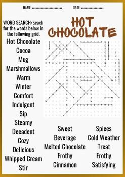 HOT CHOCOLATE Word Search Puzzle Worksheet Activity By PUZZLES FOR YOU