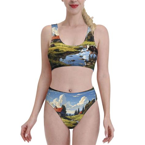Logiee Pasture Cow A Print Women S 2 Piece Bikini Set Halter Bathing Suit High Waisted Bikini