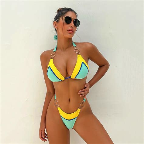 Sexy Color Splicing Bikini Thong Bathing Suit Women Brazilian Bikini Set Halter Swimwear Swim