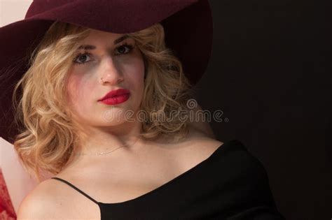 Very Sensual And Beautiful Blonde Girl With Blue Eyes And Red Li Stock Photo Image Of Holding