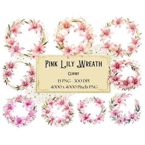 Pink Lily Wreath Clipart, Pink Lily Flowers Clipart, Pink Lily