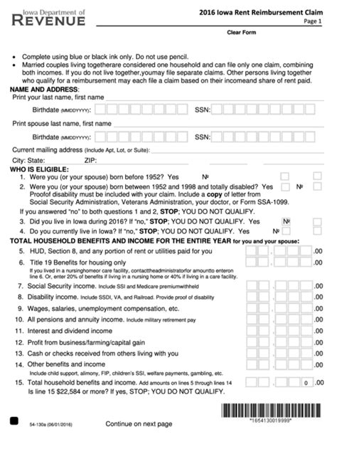 Fillable Form 54 130a Iowa Rent Reimbursement Claim 2016 Printable