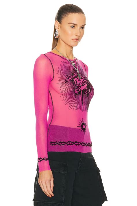 Jean Paul Gaultier Printed Safe Sex Tattoo Long Sleeve Crew Neck Top In Pink Shocking Fwrd