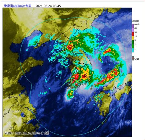 8월 24일화 오늘 날씨 천둥번개 동반한 시간당 50mm 매우 강한 비 내리는 곳 있음 기상청 기상특보 강풍 호우