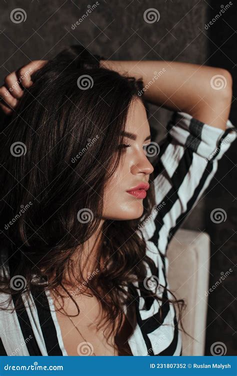 Close Up Brunette Woman Posing In Elegant Lingerie Looking At Camera Girl Stock Photo Image