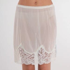 S Slip Skirt Semi Sheer White Lace Lingerie Half Slip Mini Skirt Ribbon Trim Side Slit Retro