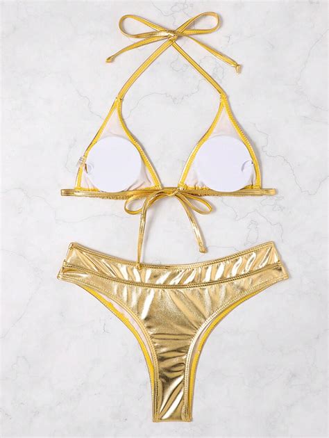 Bikini R Gido Con Dise O Dividido Para Mujer Con Textura Met Lica Conjunto Sexy Con Correas Al