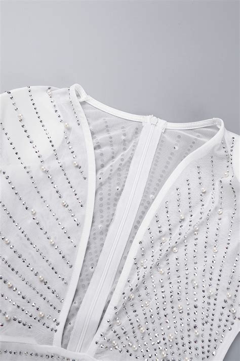 Wholesale White Sexy Patchwork Hot Drilling See Through Beading V Neck Long Sleeve Dresses