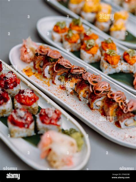 Japanese Sushi Food Maki Ands Rolls With Tuna Salmon Shrimp Crab