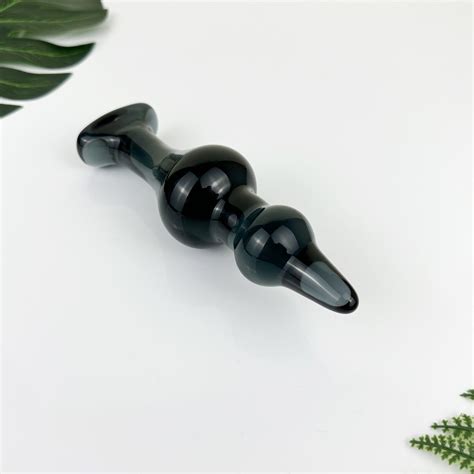 Glass Dildo Beaded Sensual Black Glass Dildo Butt Plug With Flat Base Handle Sex Toys For Women