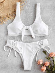 39 OFF 2021 ZAFUL Ribbed Lace Up Tied Bikini Set In HAZEL GREEN ZAFUL